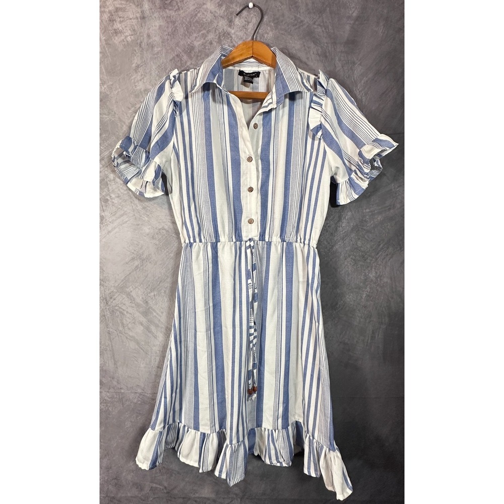 Style House Shirt Dress Women's Small White Blue Striped Ruffle Hem Button Front